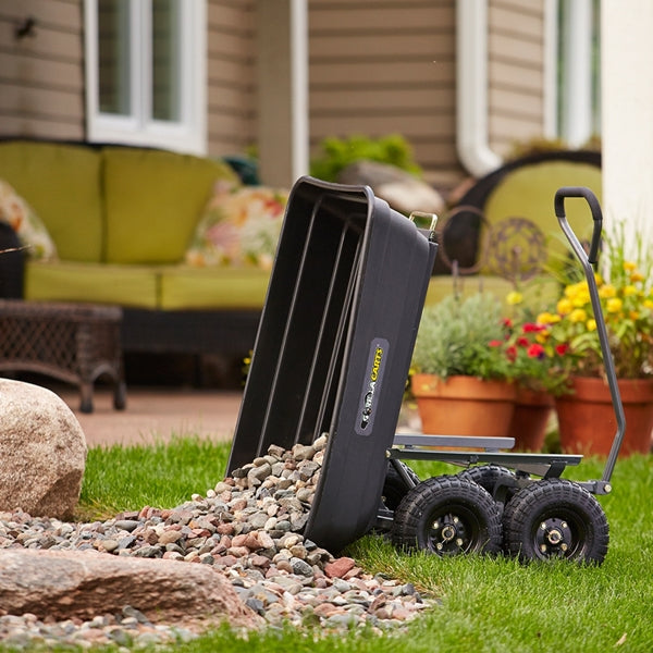 Gorilla Carts GOR4PS Dump Cart, 600 lb, 36 in L x 20 in W Deck, Poly Deck, 4-Wheel, 10 in Wheel, Pneumatic Wheel, Black