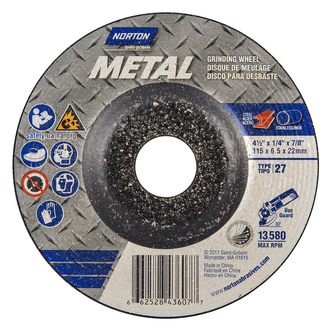 NORTON 66252843600 Grinding Wheel, 4-1/2 in Dia, 1/4 in Thick, 7/8 in Arbor, 24 Grit, Extra Coarse