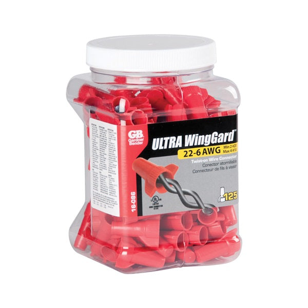 GB WingGard 86 16-086 Wire Connector, 22 to 6 AWG Wire, Steel Contact, Thermoplastic Housing Material, Red