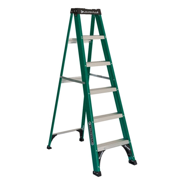 Louisville FS4006 Step Ladder, 124 in Max Reach H, 5-Step, 225 lb, Type II Duty Rating, 3 in D Step, Fiberglass
