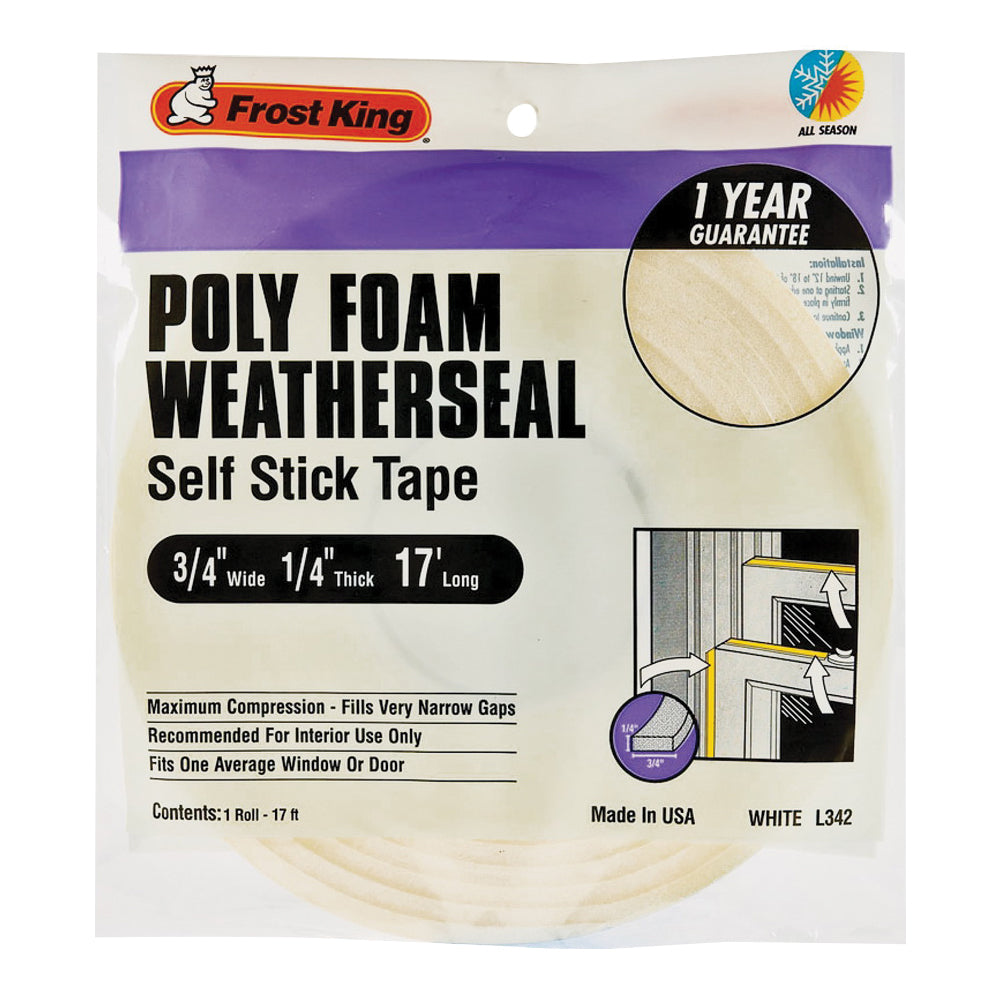 Frost King L344H Foam Tape, 1-1/2 in W, 17 ft L, 1/4 in Thick, Polyfoam, White