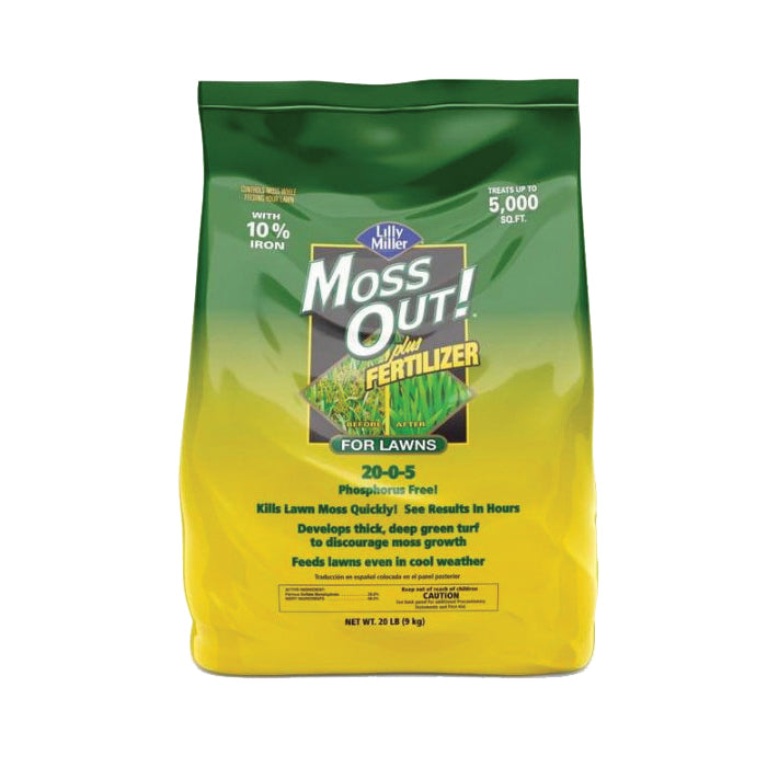 Moss Out! 100508946 Lawn Fertilizer, 20 lb Bag, Solid, 20-0-5 N-P-K Ratio
