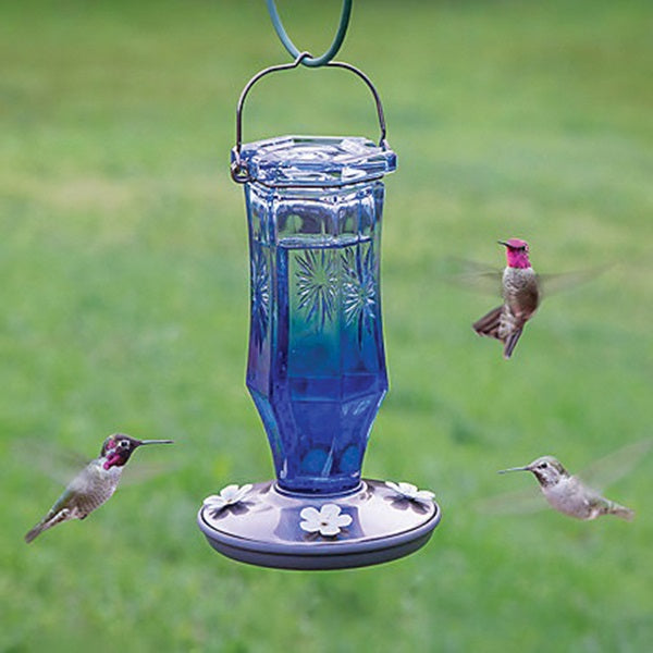 Perky-Pet 8129-2 Bird Feeder, Sapphire Starburst Vintage, 16 oz, 4 -Port/Perch, Glass, Blue, 8-1/2 in H