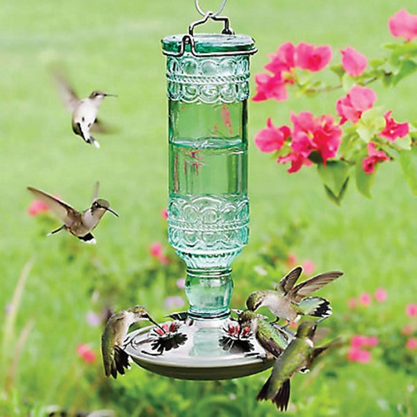 Perky-Pet 8108-2 Bird Feeder, Antique Bottle, 10 oz, 4-Port/Perch, Glass/Metal, Green, 10 in H