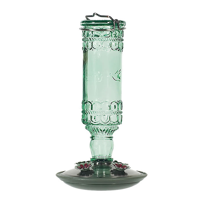 Perky-Pet 8108-2 Bird Feeder, Antique Bottle, 10 oz, 4-Port/Perch, Glass/Metal, Green, 10 in H