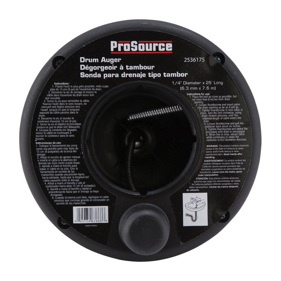 Prosource DA00003-25 Drum Auger, 1/4 in Dia Cable, 25 ft L Cable