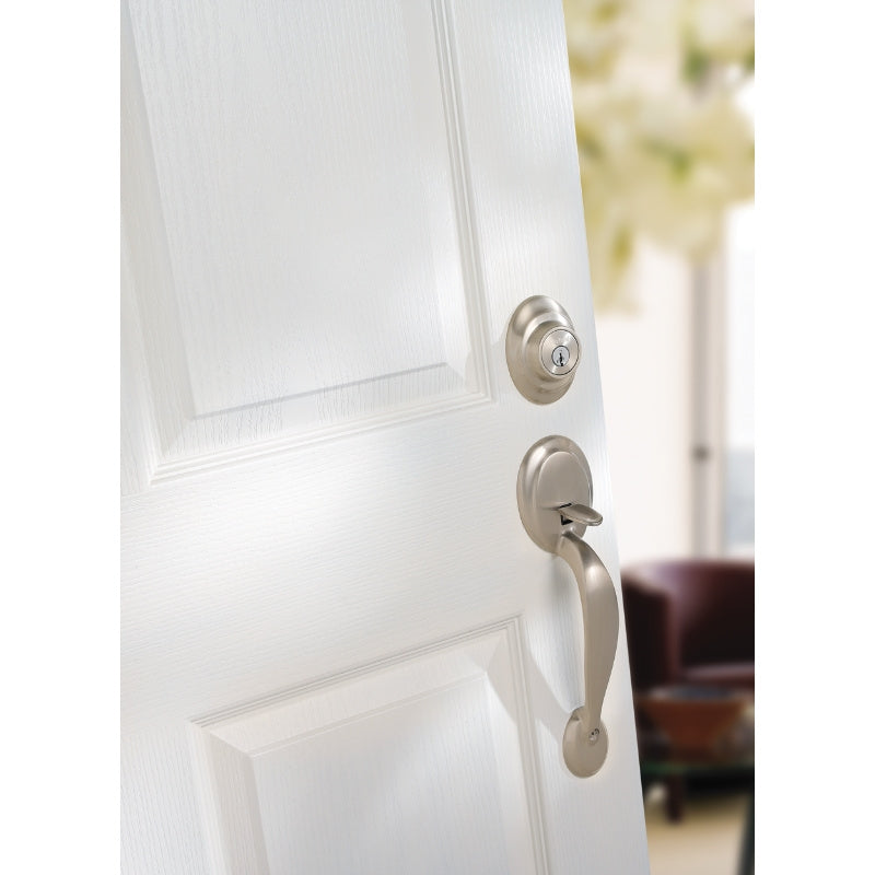 Kwikset 687DA15LIP Handleset, 3 Grade, Metal, Satin Nickel, 2-3/8 x 2-3/4 in Backset, KW1 Keyway, 1-3/4 in Thick Door