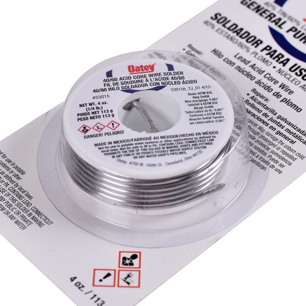 Oatey 53015 Acid Core Wire Solder, 1/4 lb Carded, Solid, Silver, 360 to 460 deg F Melting Point