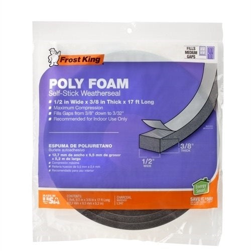 Frost King L346 Foam Tape, 3/4 in W, 17 ft L, 1/2 in Thick, Polyfoam, Charcoal