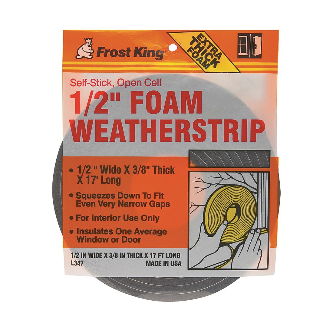 Frost King L347 Foam Tape, 1/2 in W, 17 ft L, 3/8 in Thick, Polyfoam, Charcoal