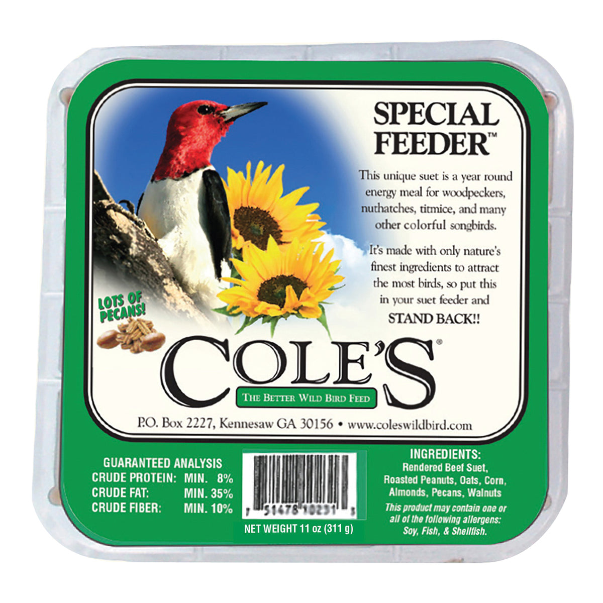 Cole&#39;s Special Feeder SFSU Suet Cake, 11 oz