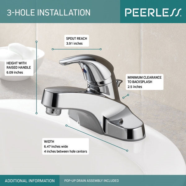 Peerless P136LF Bathroom Faucet, 1.2 gpm, 1-Faucet Handle, Metal, Chrome Plated, Lever Handle, Standard Spout