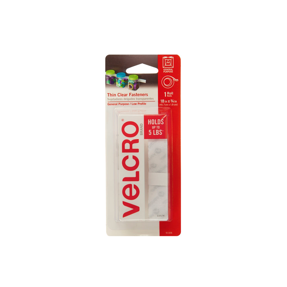 VELCRO Brand 91326 Fastener, 3/4 in W, 18 in L, Clear, 5 lb