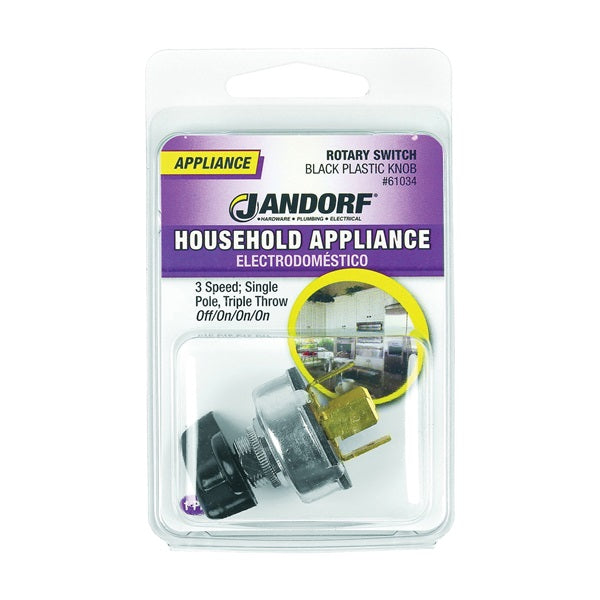 Jandorf 61034 Single Circuit Rotary Switch, 1 A, 125 V, SPTT, Plastic, Black