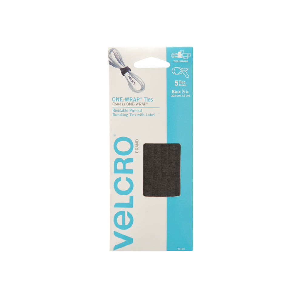 VELCRO Brand One Wrap 91426 Fastener, 1/2 in W, 8 in L, Velcro, Black