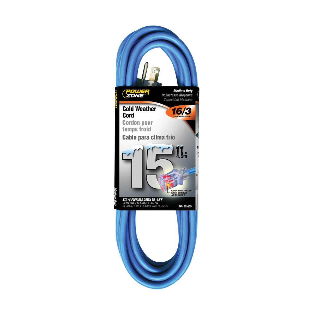 PowerZone ORCW511615 Extension Cord, 16 AWG Cable, Grounded Plug, Grounded Receptacle, 15 ft L, 13 A, 125 V, Blue