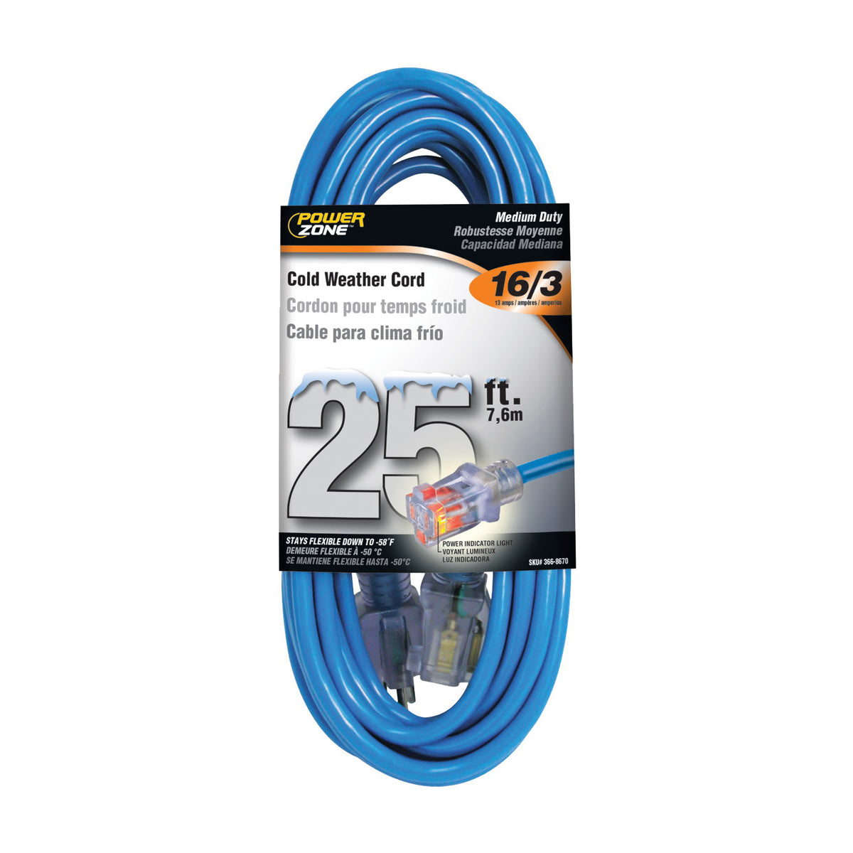 PowerZone ORCW511625 Extension Cord, 16 AWG Cable, Grounded Plug, Grounded Receptacle, 25 ft L, 13 A, 125 V, Blue