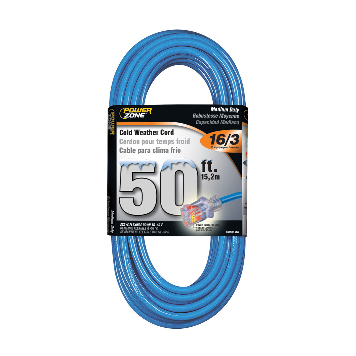 PowerZone ORCW511630 Extension Cord, 16 AWG Cable, Grounded Plug, Grounded Receptacle, 50 ft L, 13 A, 125 V, Blue