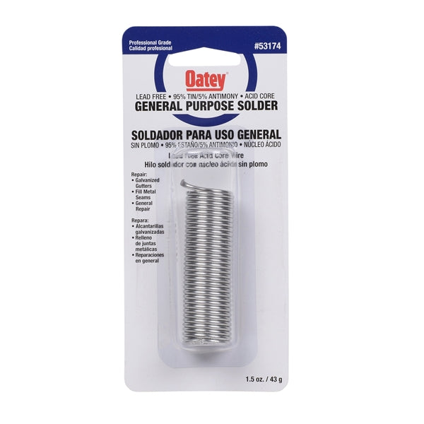 Oatey 53174 Acid Core Wire Solder, 1-1/2 oz Carded, Solid, Silver, 450 to 464 deg F Melting Point