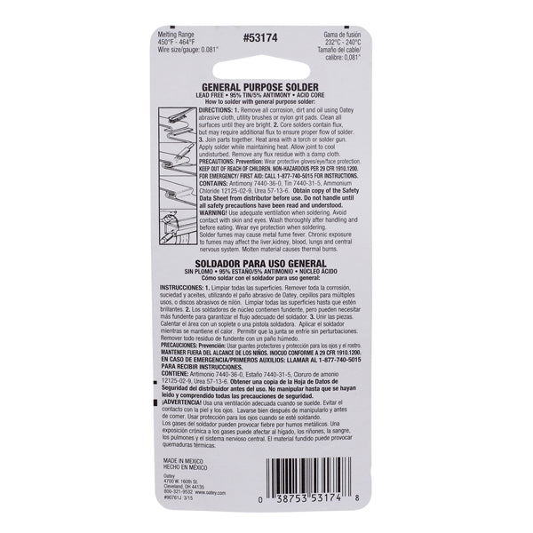 Oatey 53174 Acid Core Wire Solder, 1-1/2 oz Carded, Solid, Silver, 450 to 464 deg F Melting Point