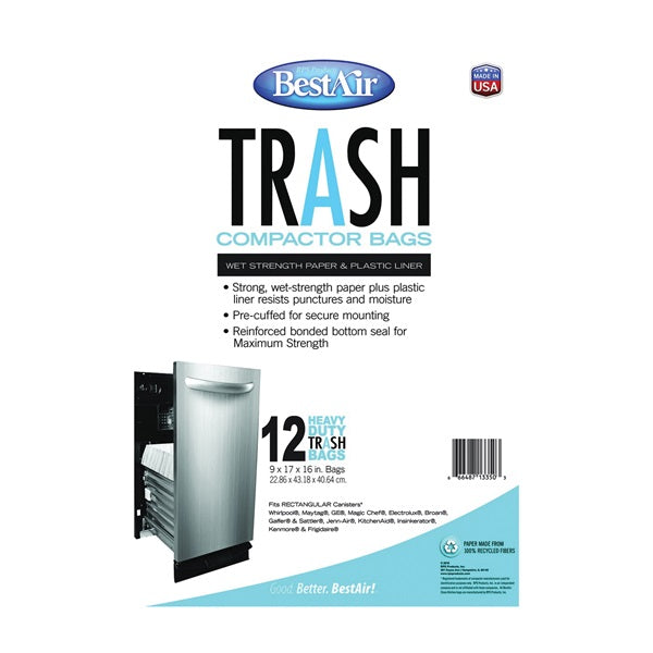 BestAir WMCK1335012-6 Trash Compactor Bag, 1.4 cu-ft Capacity, Paper, White, 16 in L, 9 in W
