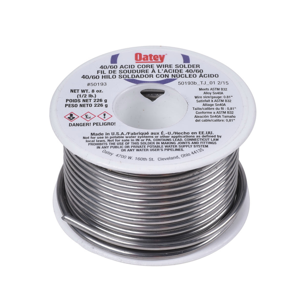 Oatey 50193 Acid Core Wire Solder, 1/2 lb, Solid, Silver, 360 to 460 deg F Melting Point