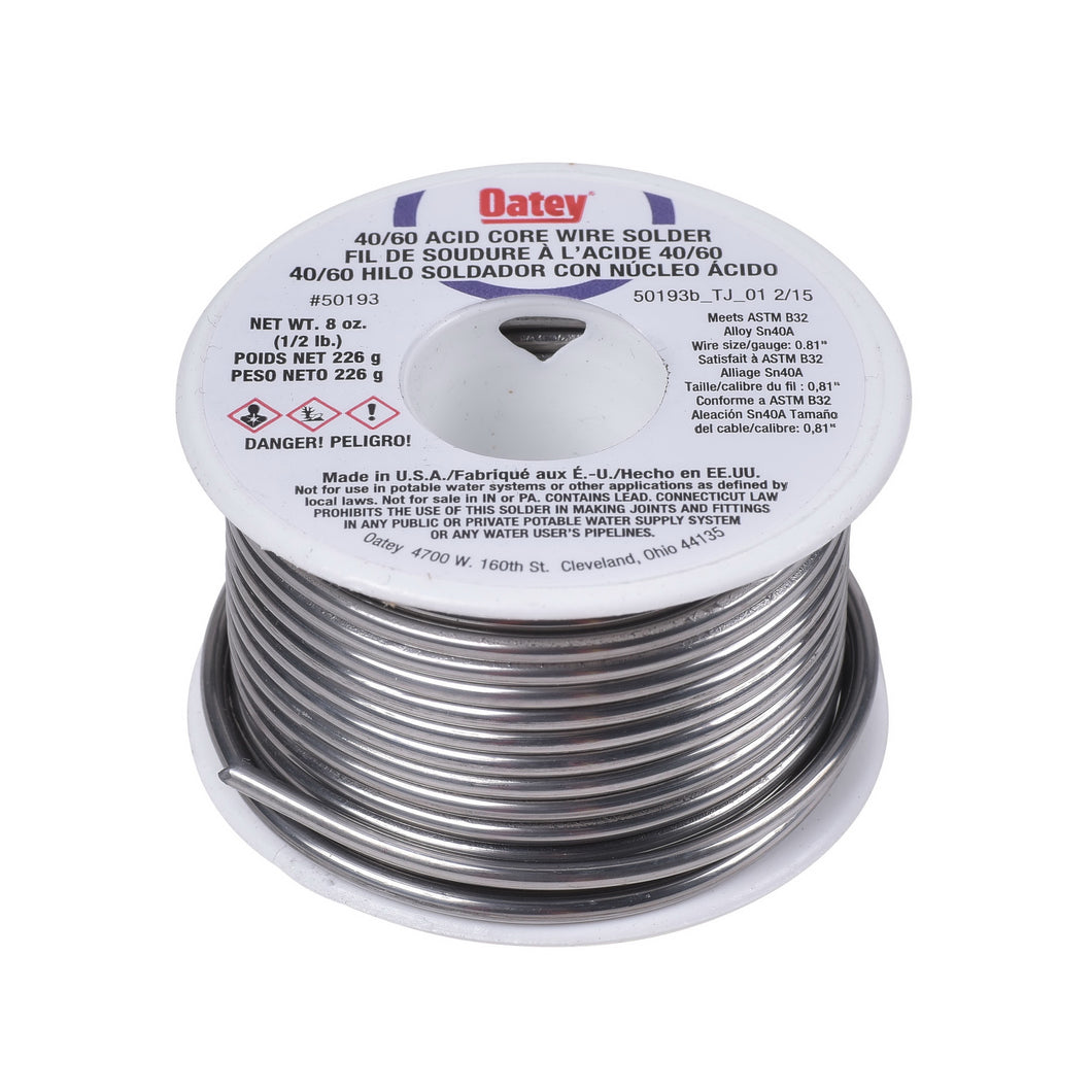 Oatey 50193 Acid Core Wire Solder, 1/2 lb, Solid, Silver, 360 to 460 deg F Melting Point