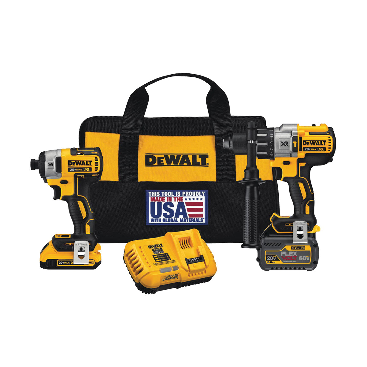 DeWALT DCK299D1T1 Flexvolt Cordless Hammerdrill &amp; Impact Driver Kit (Includes 20V Max XR 2.0ah Battery, 20/60V Max 2.0/6.0ah Battery, Rapid Charger, (2) Belt Hooks, Side Handle, and Contractor Bag)