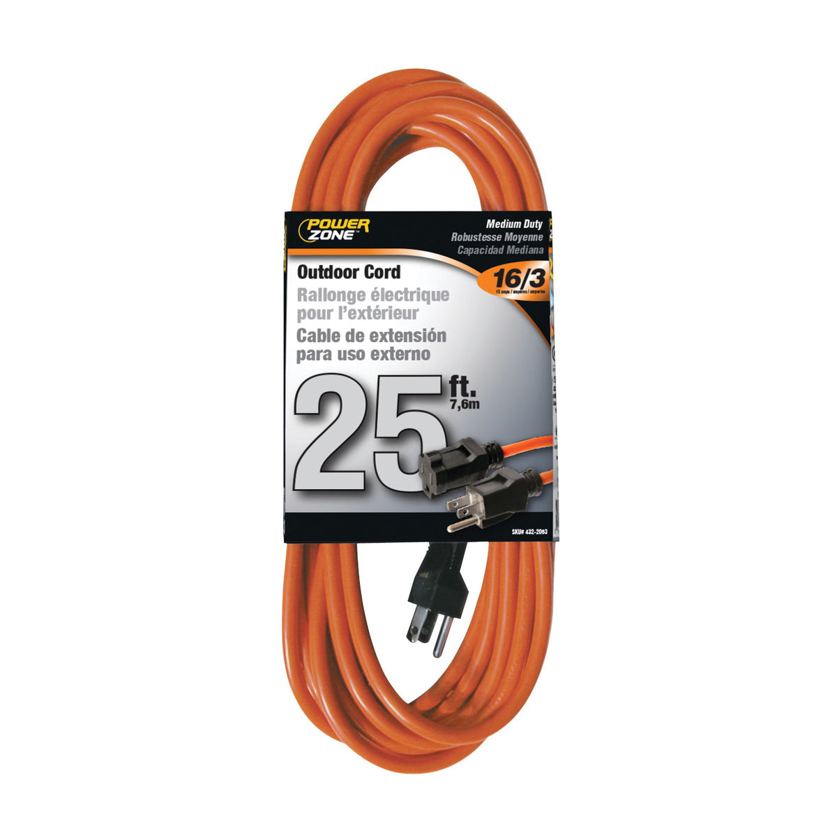 PowerZone OR501625 Extension Cord, 16 AWG Cable, Grounded Plug, Grounded Receptacle, 25 ft L, 13 A, 125 V, Orange