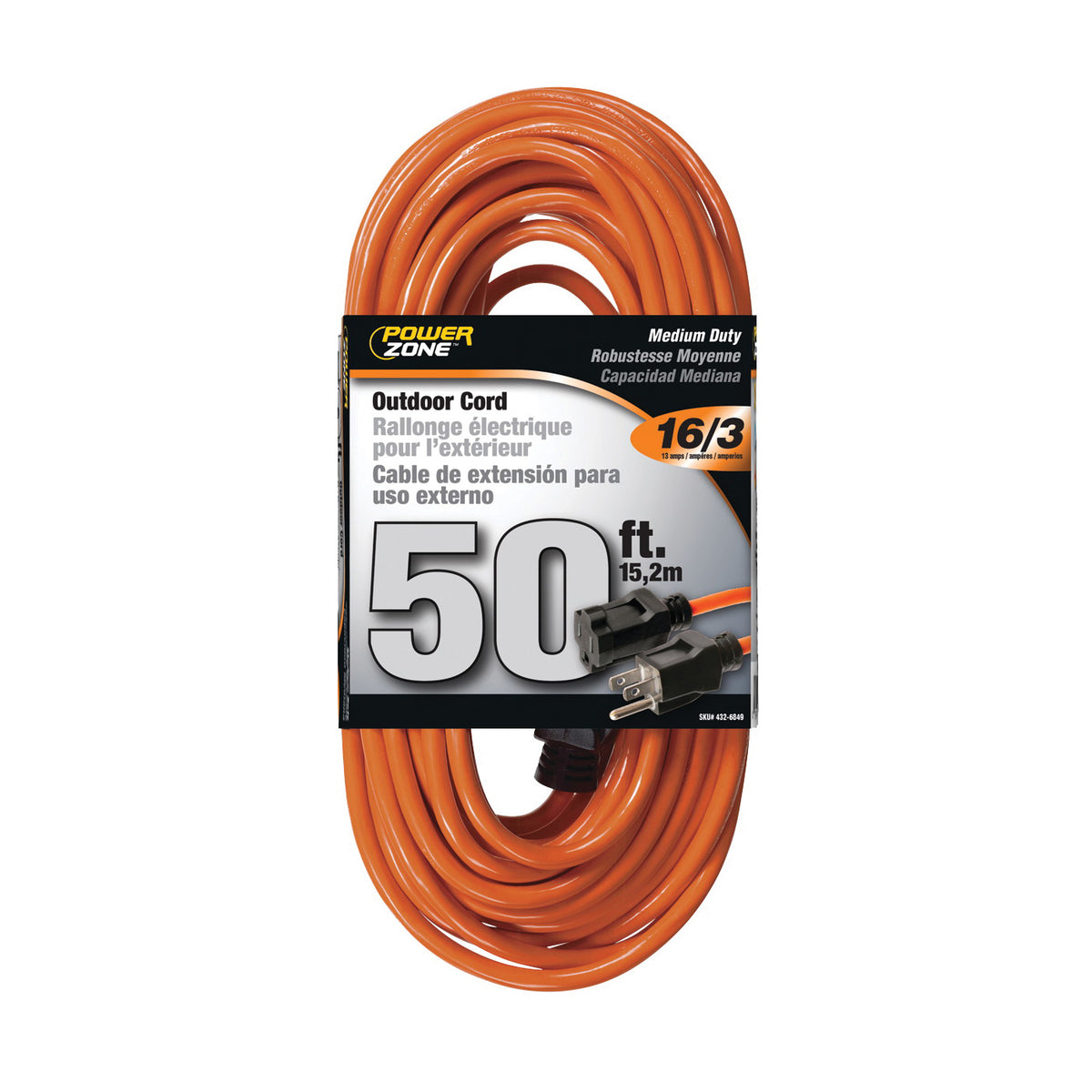 PowerZone OR501630 Extension Cord, 16 AWG Cable, Grounded Plug, Grounded Receptacle, 50 ft L, 13 A, 125 V, Orange