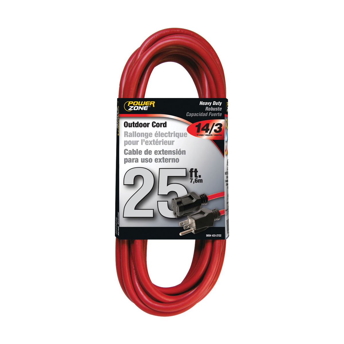 PowerZone OR514725/506725 Extension Cord, 14 AWG Cable, 25 ft L, 13 A, 125 V, Red