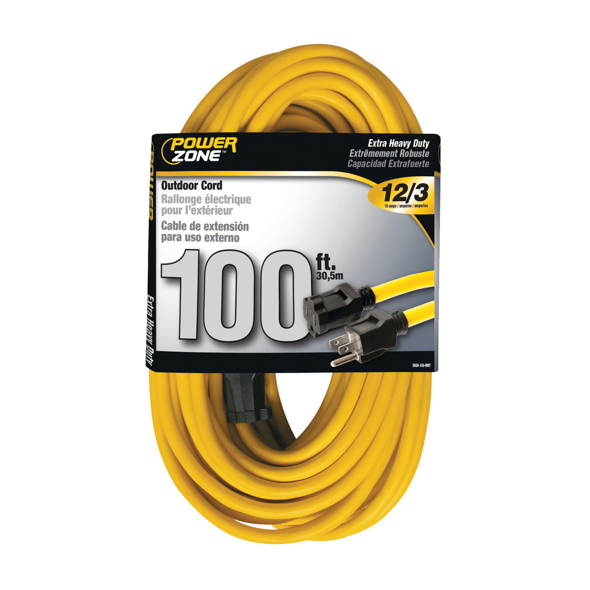 PowerZone OR500835 Extension Cord, 12 AWG Cable, 100 ft L, 13 A, 125 V, Yellow