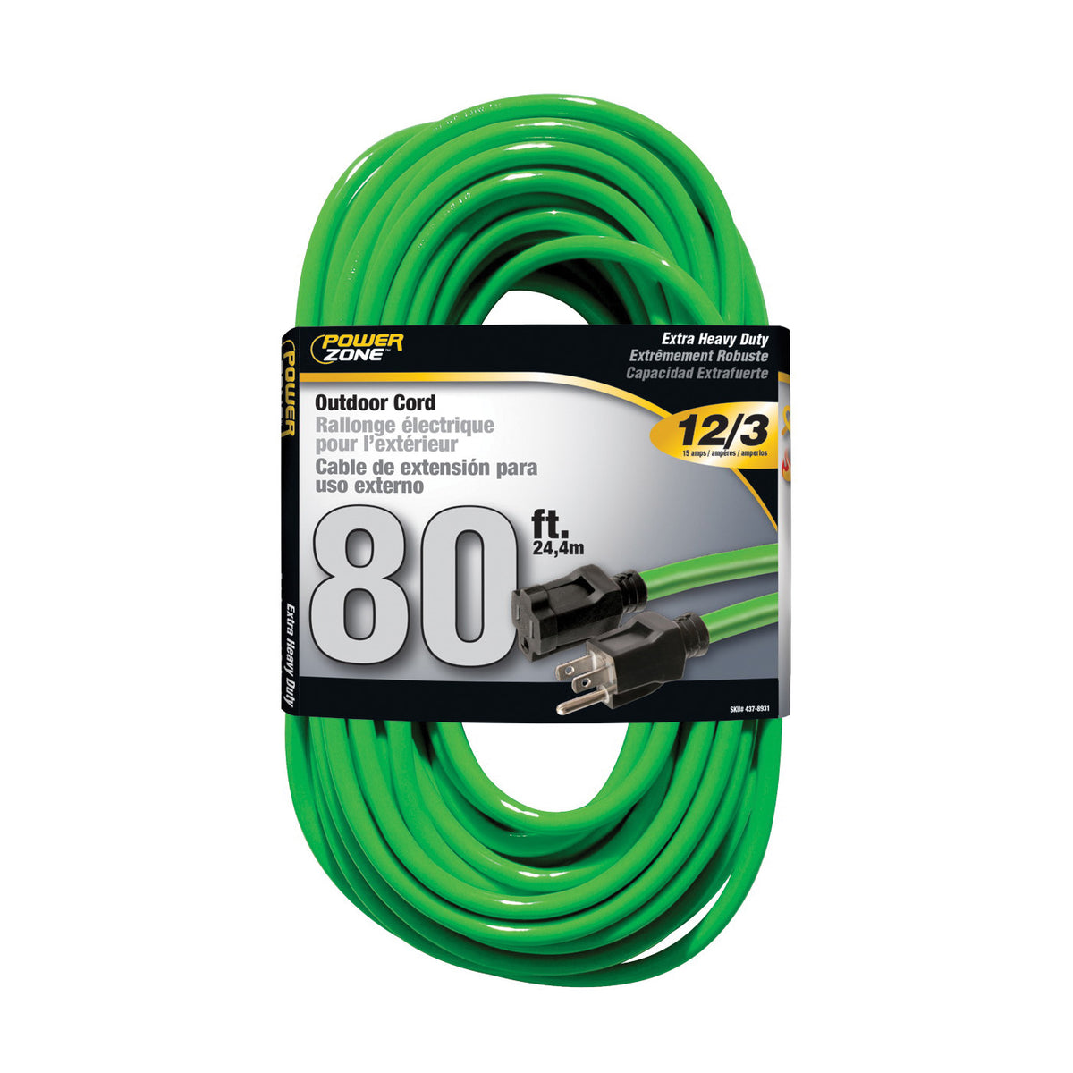 PowerZone ORN512833 Extension Cord, 12 AWG Cable, 80 ft L, 15 A, 125 V, Neon Green