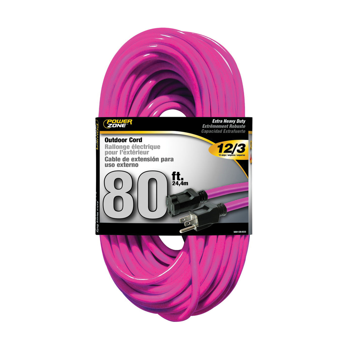 PowerZone ORN513833 Extension Cord, 12 AWG Cable, 80 ft L, 15 A, 125 V, Neon Pink