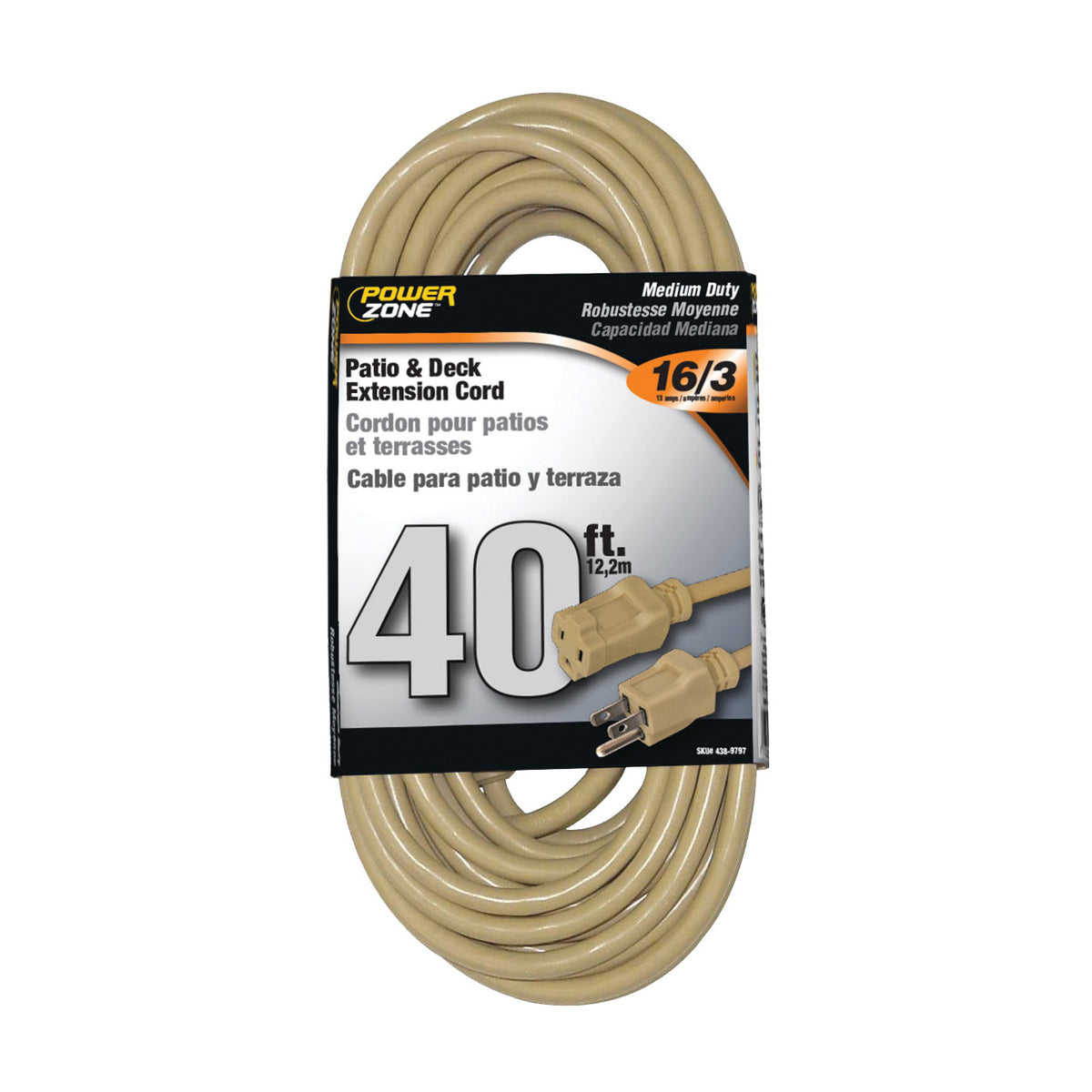 PowerZone OR884628 Extension Cord, 16 AWG Cable, 40 ft L, 13 A, 125 V, Beige