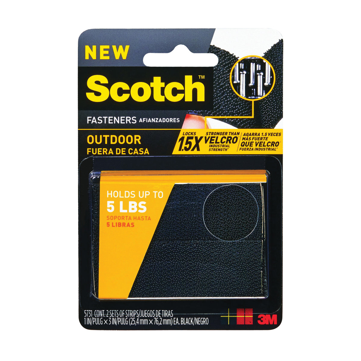 Scotch RF5731 Fastener, 1 in W, 3 in L, Black, 5 lb, Acrylic Adhesive