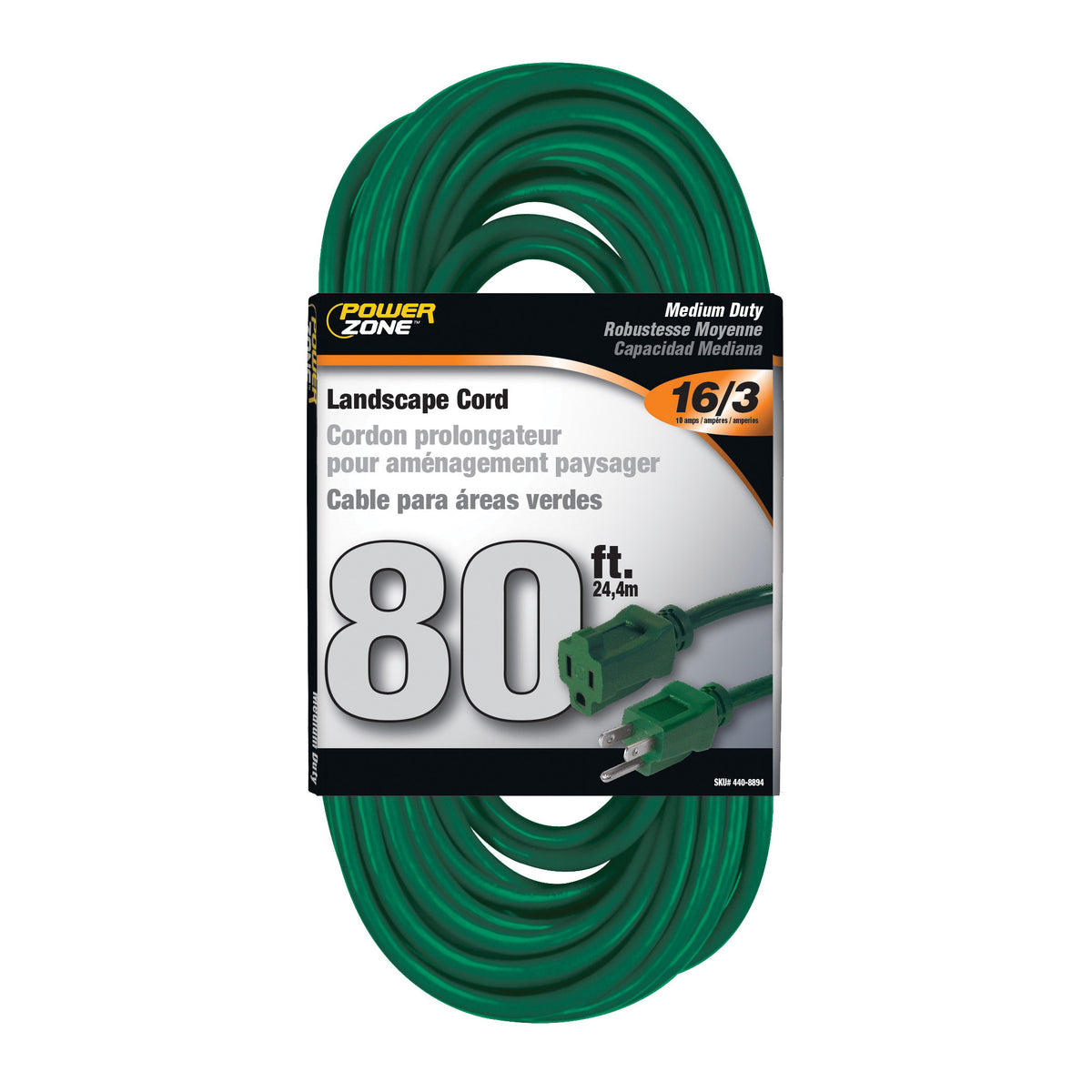 PowerZone OR880633 Extension Cord, 16 AWG Cable, 80 ft L, 10 A, 125 V, Green