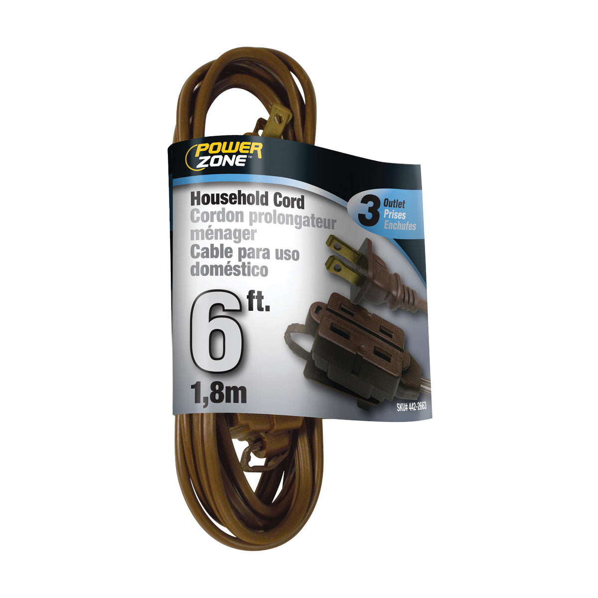 PowerZone OR670606 Extension Cord, 16 AWG Cable, 6 ft L, 13 A, 125 V, Brown