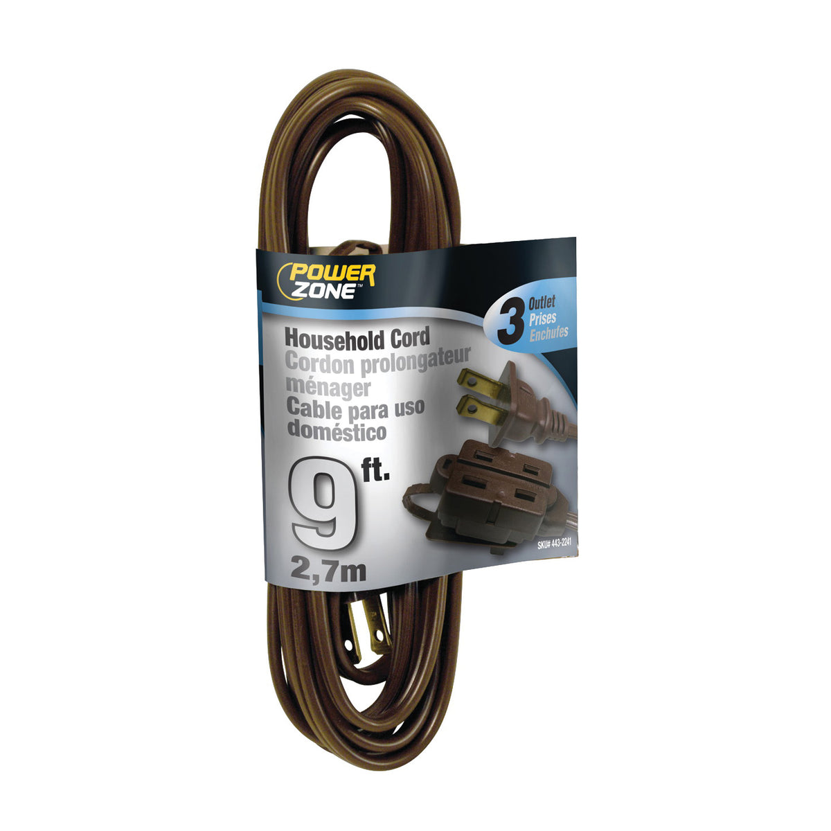 PowerZone OR670609 Extension Cord, 16 AWG Cable, 9 ft L, 13 A, 125 V, Brown