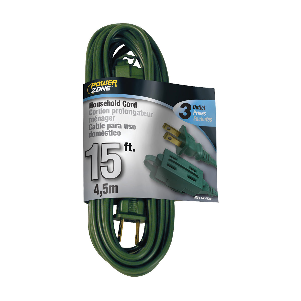 PowerZone OR780615 Extension Cord, 16 AWG Cable, 15 ft L, 13 A, 125 V, Green