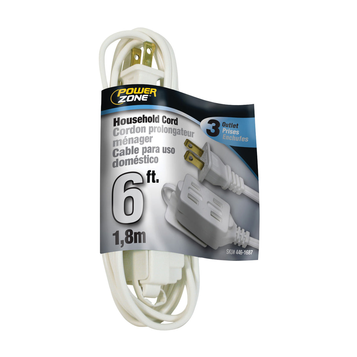 PowerZone OR660606 Extension Cord, 16 AWG Cable, 6 ft L, 13 A, 125 V, White