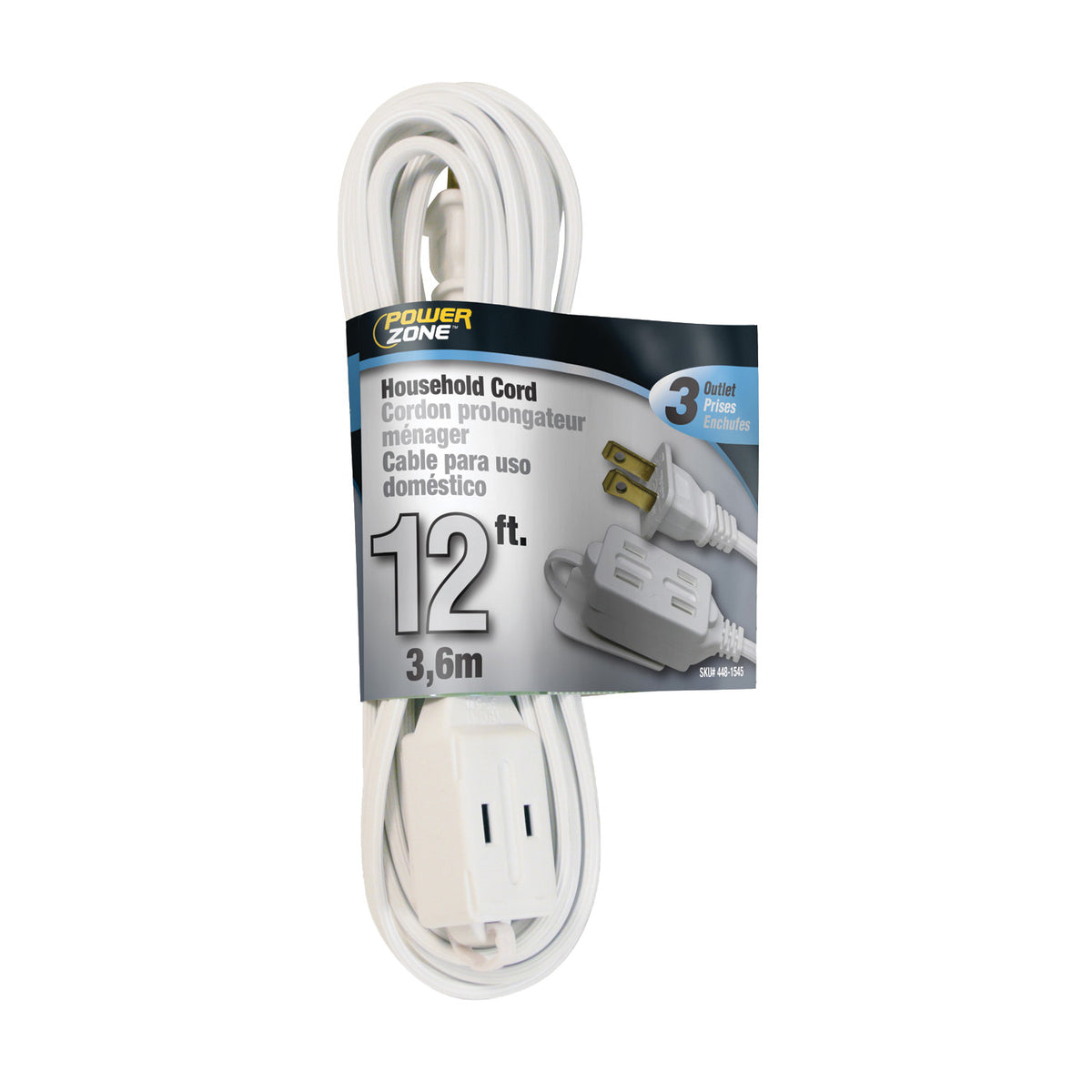 PowerZone OR660612 Extension Cord, 16 AWG Cable, 12 ft L, 13 A, 125 V, White