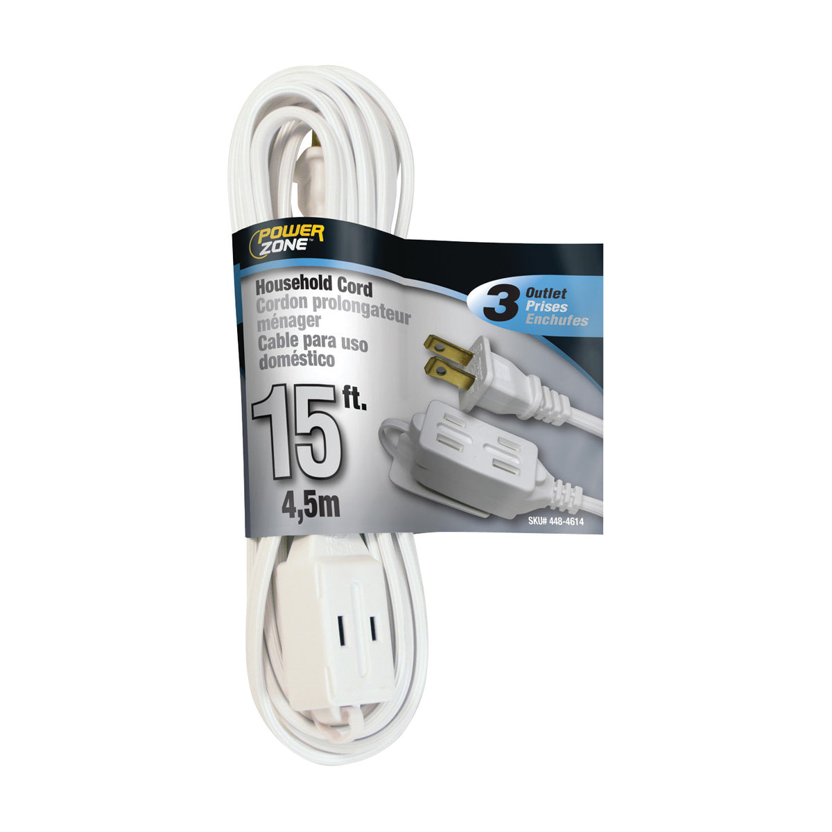 PowerZone OR660615 Extension Cord, 16 AWG Cable, 15 ft L, 13 A, 125 V, White