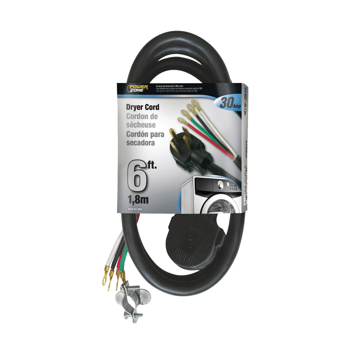 PowerZone ORD100406 Power Supply Dryer Cord, 10 AWG Cable, 6 ft L, 30 A, 250 V, Black