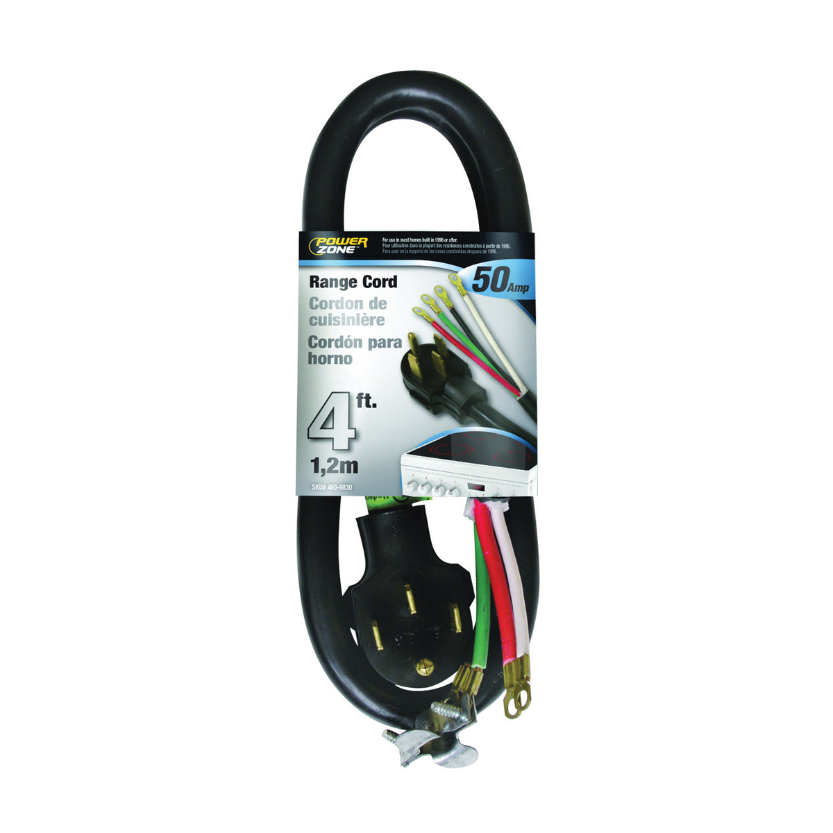 PowerZone ORR628204 Power Supply Range Cord, 6 8 AWG Cable, 4 ft L, 50 A, 250 V, Black