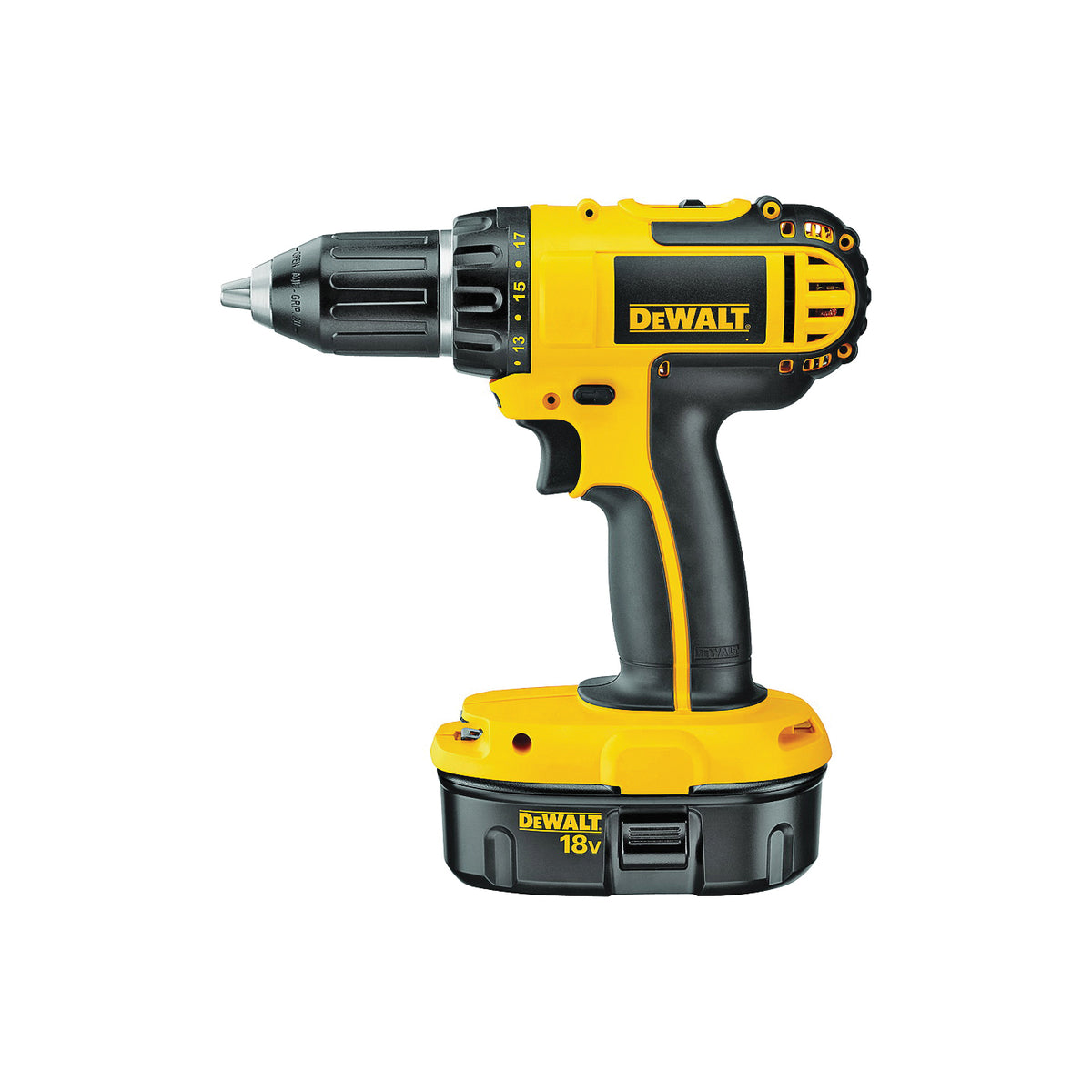 DeWALT DC720KA Drill/Driver Kit, Battery Included, 18 V, 1/2 in Chuck, Keyless, Ratcheting Chuck