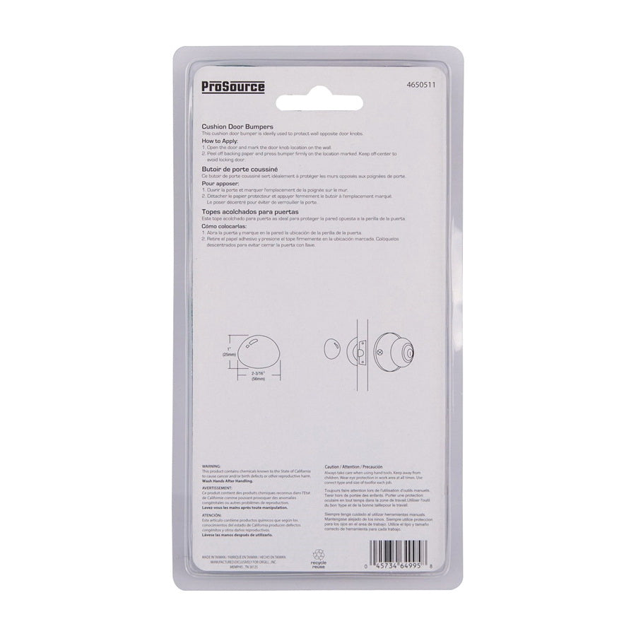 Prosource FE-S715-PS Door Stop, 2-3/16 in Dia Base, 2-3/16 in Dia x 1 in H Projection, Vinyl, White