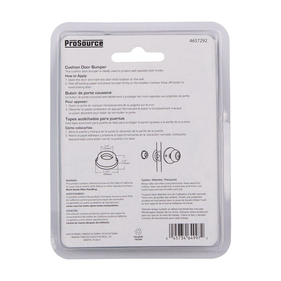 Prosource FE-S716-PS Door Stop, 1-3/4 in Dia Base, 1-3/4 in Dia x 5/8 in H Projection, Polyurethane (PU), Clear