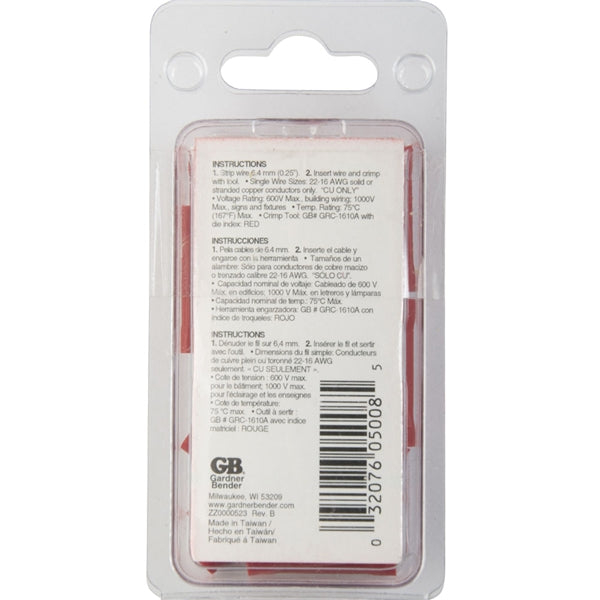 GB 20-121 Butt Splice Connector, 600 V, 22 to 18 AWG Wire, Red