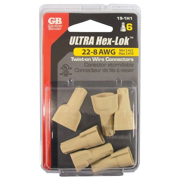 GB Hex-Lok 19-1H1 Wire Connector, 22 to 8 AWG Wire, Copper Contact, Thermoplastic Housing Material, Tan